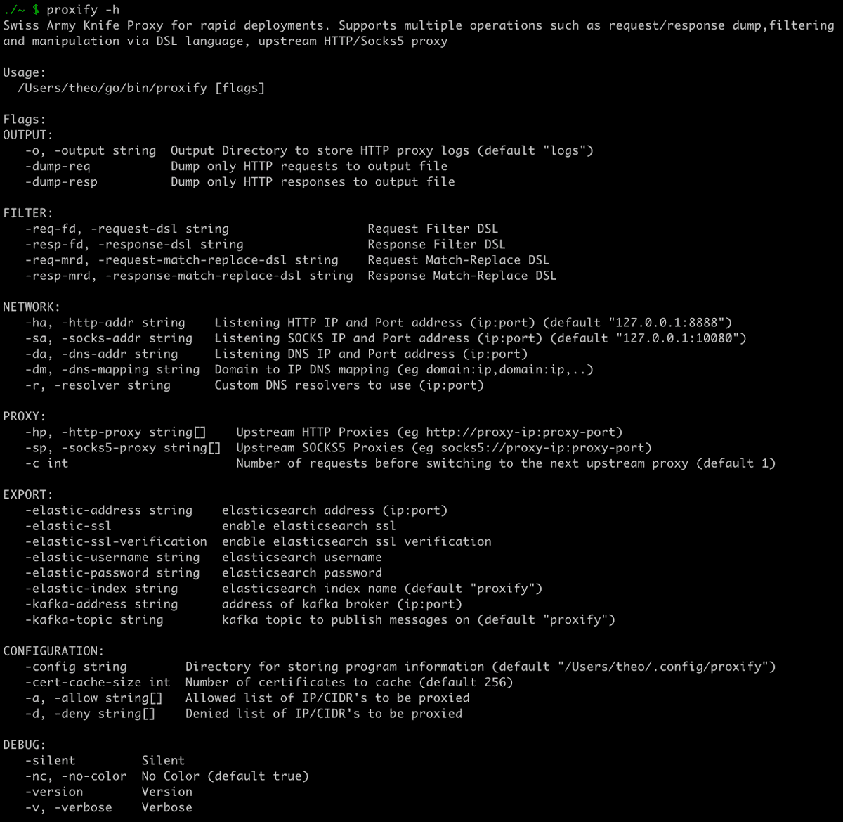 Proxify -h option showing all options available. 