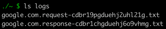 Image showing output of command ls logs. The output includes to .txt files one that has been tagged request and the other tagged with response.